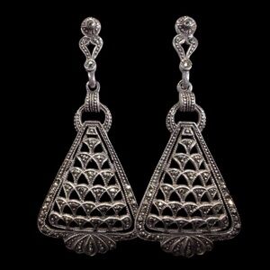 Vintage Signed 925 Sterling Silver Art Deco Marcasite Dangle Earrings FAB!! 3"